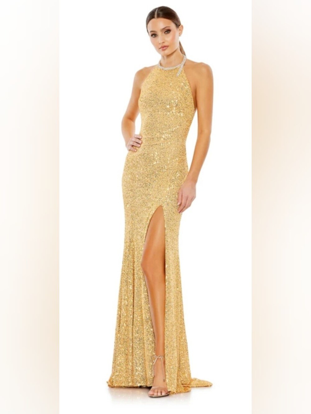 Mac Duggal Gold Sequin Halter Gown with High Slit Size 2